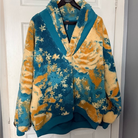 Free People Jackets & Blazers - Free People Teal & Yellow Floral Sherpa Hoodie NWOT never worn